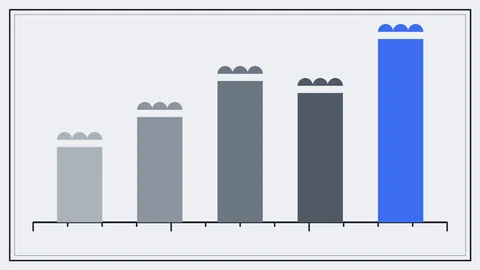 An illustrative bar figure: five scallop-capped bars in graduated grays with the fifth electric blue, ticked baseline, thin ink frame