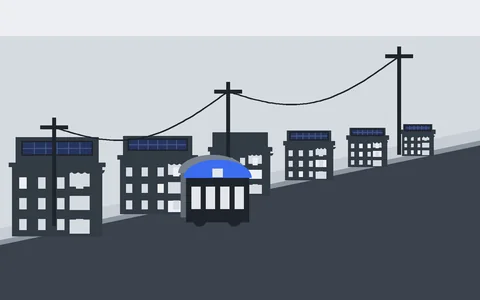 Cut-paper collage of a steep San Francisco street with stepped Victorian houses, a cable car with an electric-blue roof arc, and a sagging overhead wire below a scalloped fog bank