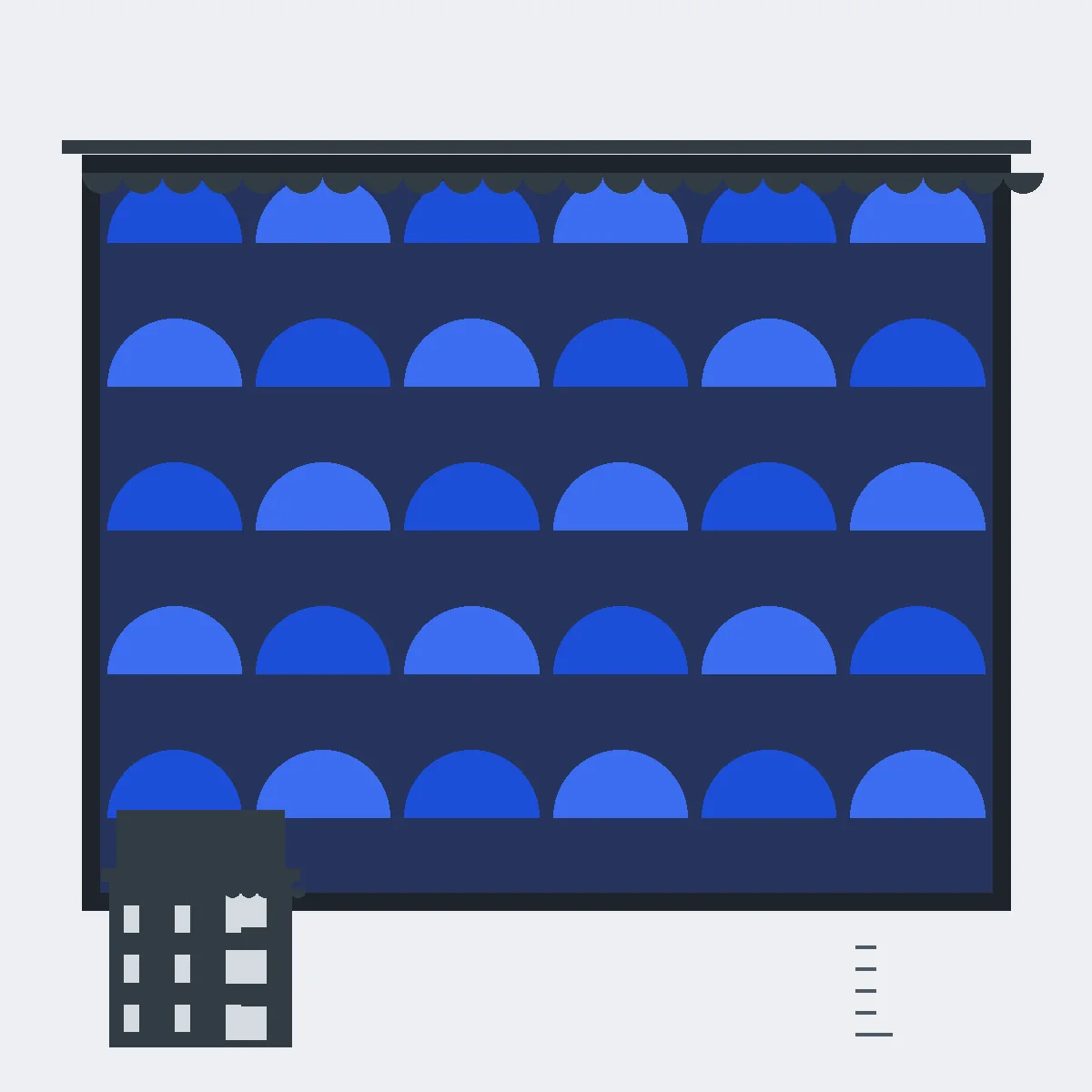 A solar panel drawn as a grid of semicircular scallop cells in two electric blues, capped by a Victorian cornice strip, with a small house silhouette for scale