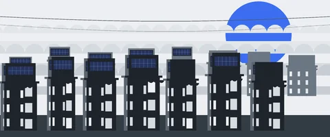 Cut-paper collage of San Francisco Victorian rooflines with retrofit solar panels rising through scalloped fog banks, an electric-blue sun disc dissolving into the fog